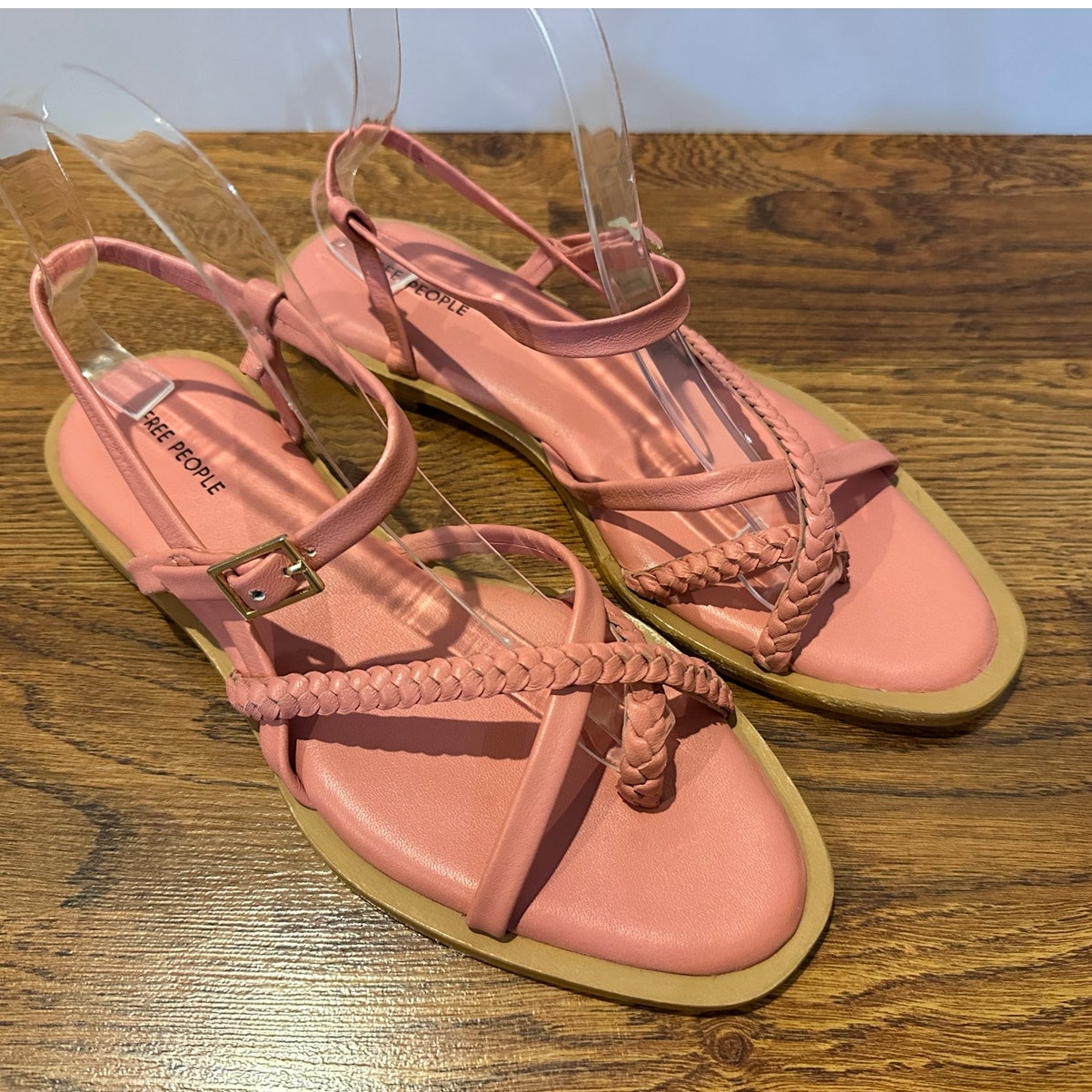 Free People Sunny Day Braided Leather Sandals Pink Women’s 8.5 Boho Strappy Flat